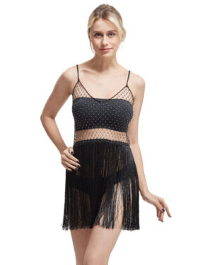 14538 - Rhinestone crochet dress with fringes