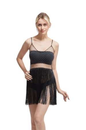 14538 - Rhinestone crochet dress with fringes