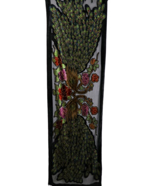 1703 - Burnt-out Velvet Beaded Oblong Peacock Scarf w/beaded tassel - Black