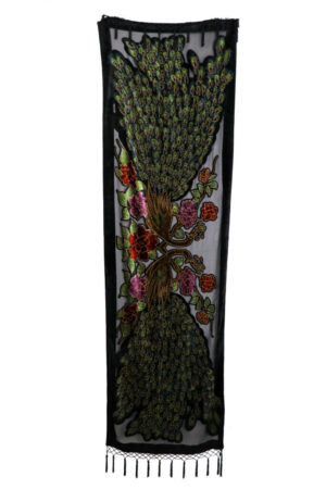 1703 - Burnt-out Velvet Beaded Oblong Peacock Scarf w/beaded tassel - Black