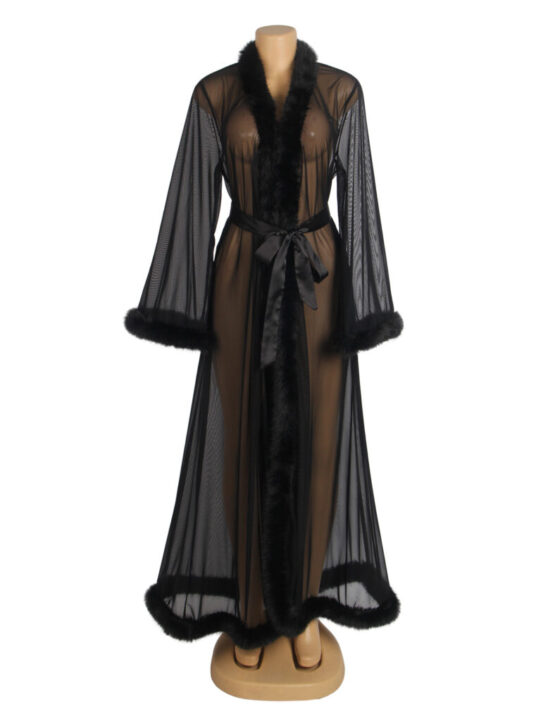 19052 - Black sexy mesh faux fur trim long robe with belt - Image 4