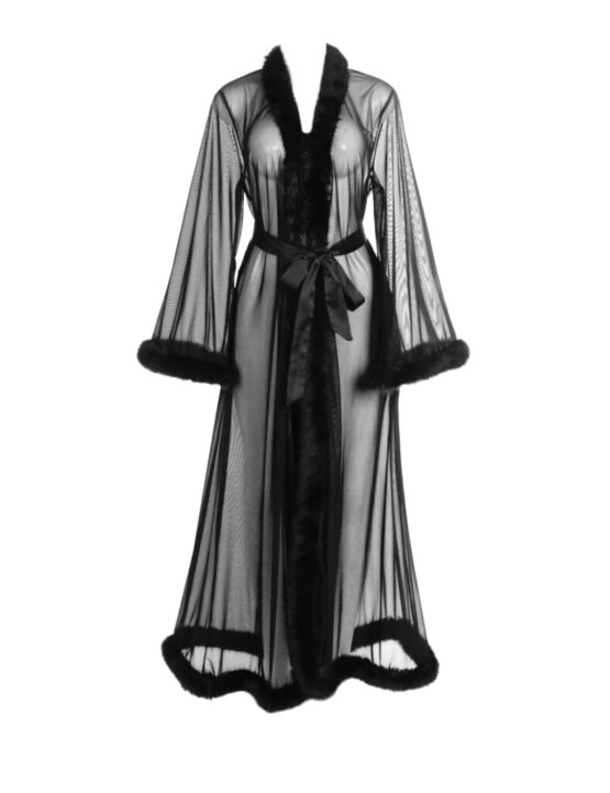 19052 - Black sexy mesh faux fur trim long robe with belt - Image 6