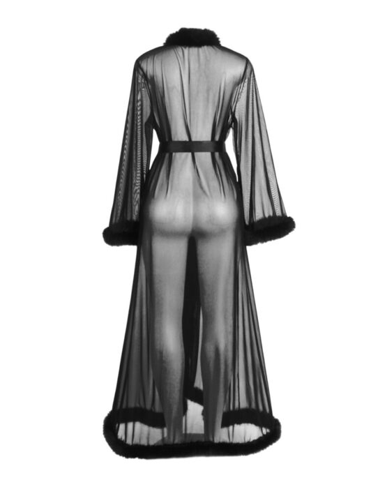 19052 - Black sexy mesh faux fur trim long robe with belt - Image 5