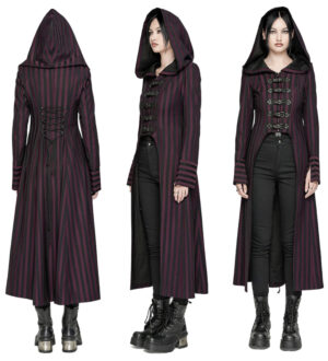 200110 - Steampunk Striped Long Coat-Black/Red