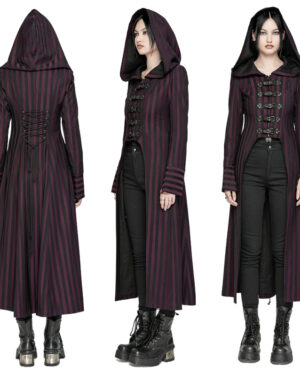 200110 - Steampunk Striped Long Coat-Black/Red