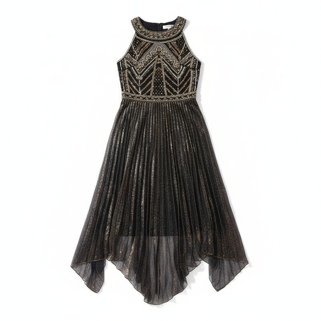 2509 - Beaded halter neck flapper dress with asymmetric hem-Black/Gold - Image 4