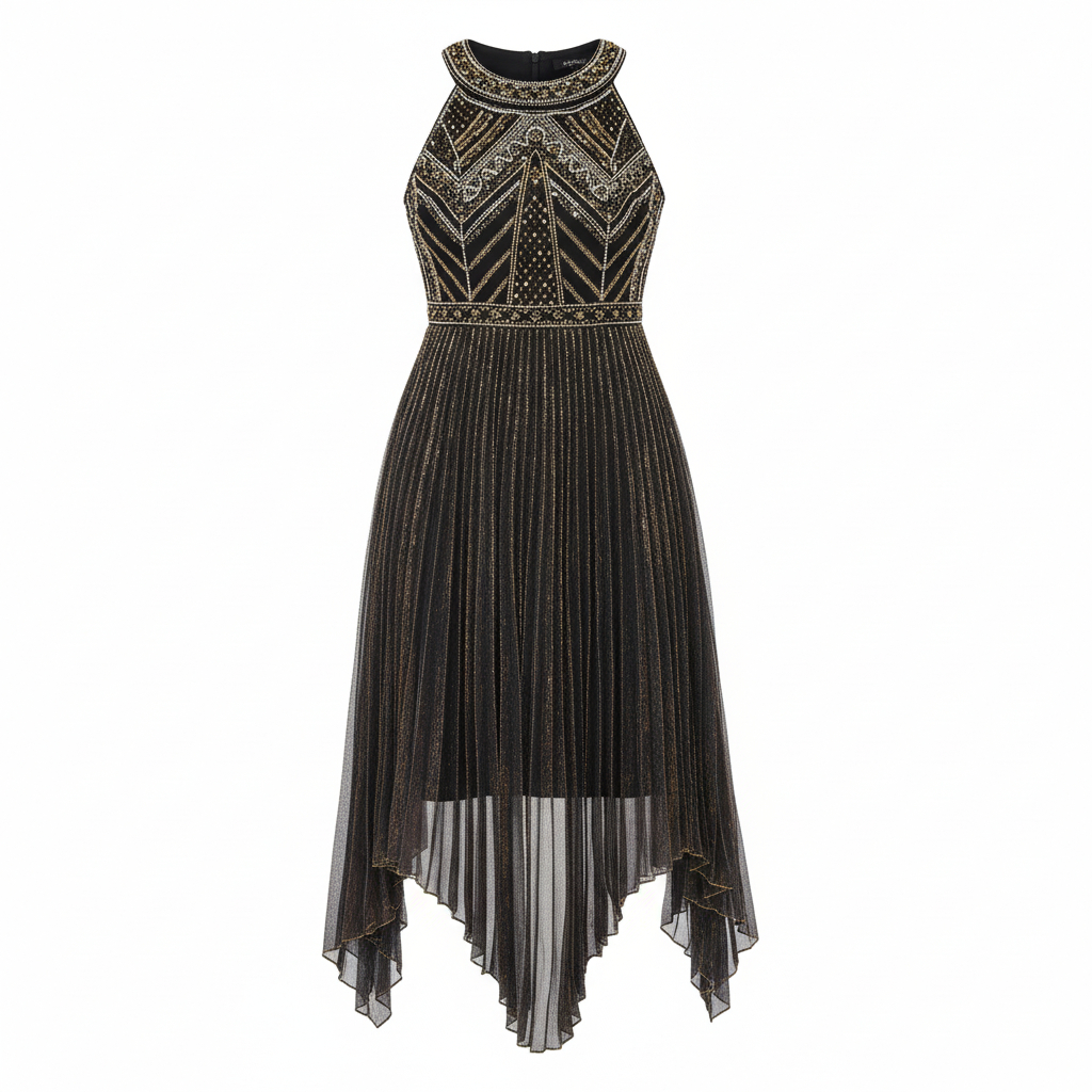 2509 - Beaded halter neck flapper dress with asymmetric hem-Black/Gold - Image 2