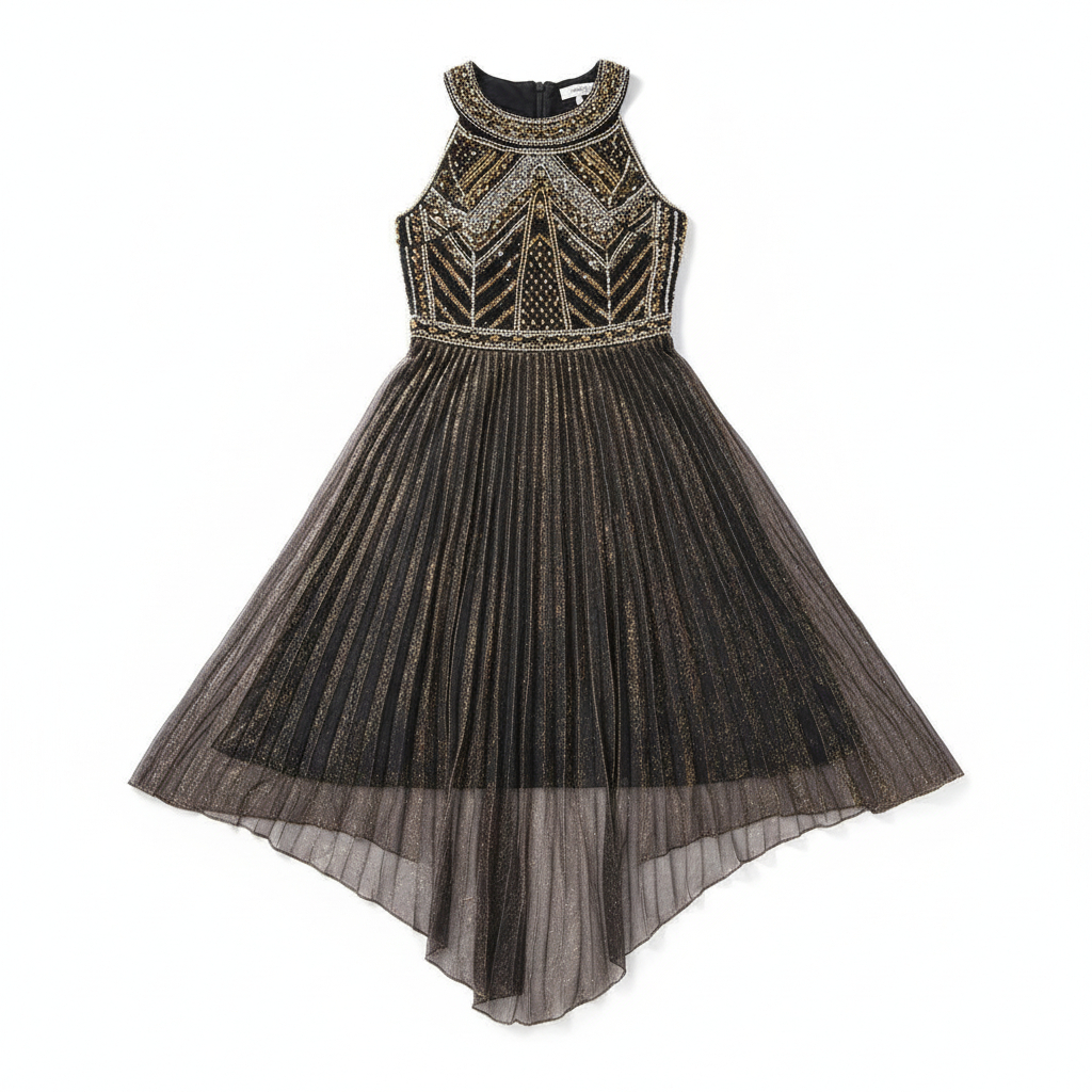 2509 - Beaded halter neck flapper dress with asymmetric hem-Black/Gold - Image 3