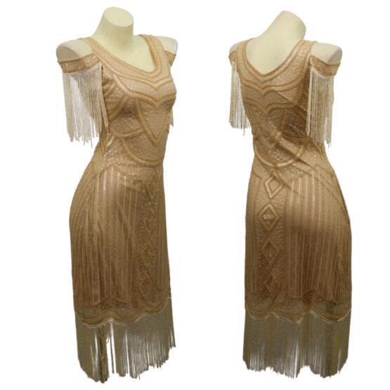 2526 - Beige flapper dress with cutout sleeveless fringe-2XL