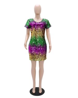 3879 - Fitted mardi gras sequin dress-L