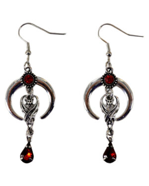55524 - Crescent moon and bat earring with red gem