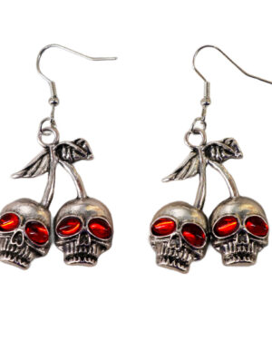 55529 - Skull cherries red eye gem dangle earrings