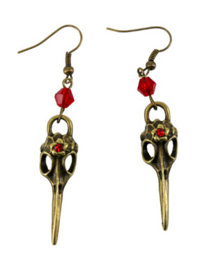 68590 - brass steampunk bird skull earrings-red stone