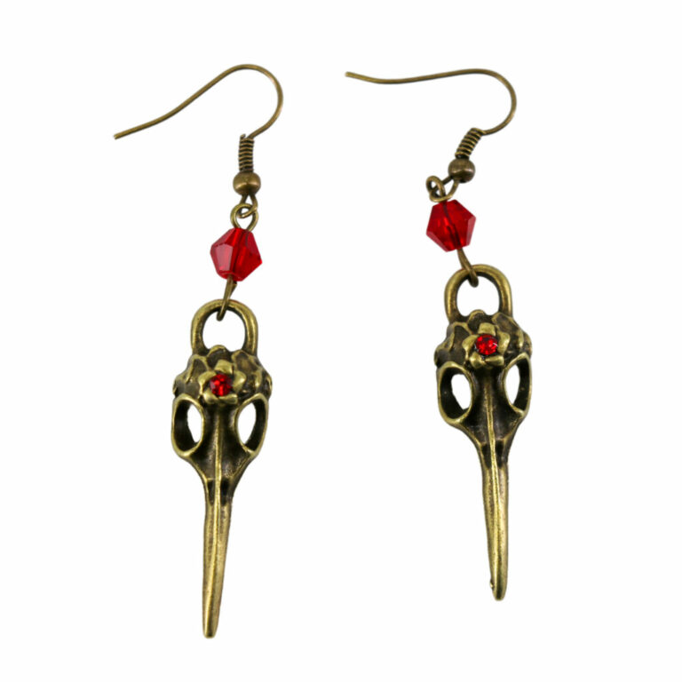 68590 - brass steampunk bird skull earrings-red stone