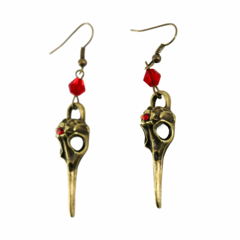 68590 - brass steampunk bird skull earrings-red stone - Image 2