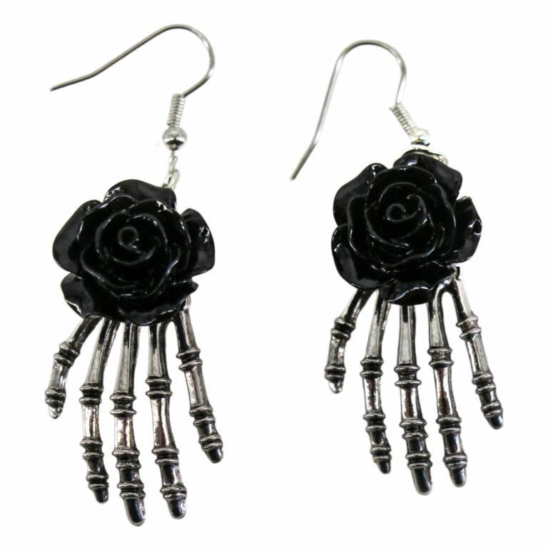 68593 - Skeleton hand earrings with black rose - Image 3
