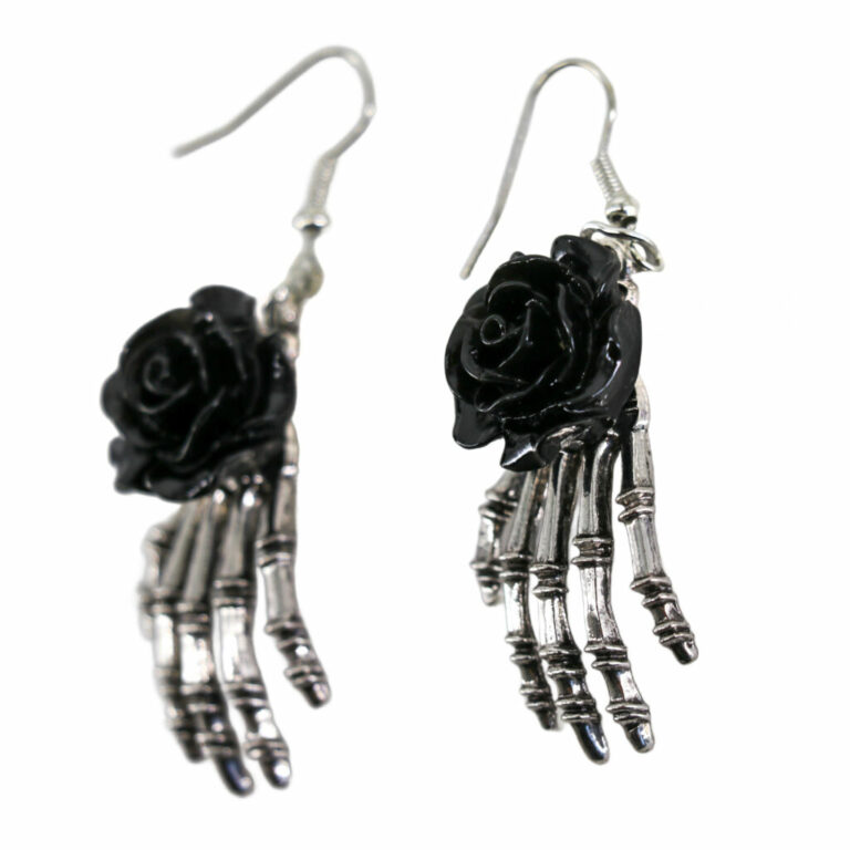 68593 - Skeleton hand earrings with black rose - Image 4