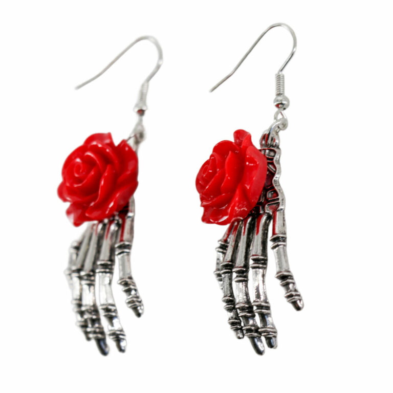 68593 - Skeleton hand earrings with black rose - Image 2