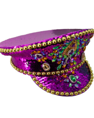 69598 - Mardi Gras gemstones police hat with detachable feathers-purple