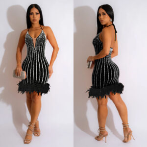 7533 - Rhinestone midi dress with feather hem trim