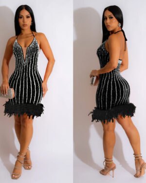 7533 - Rhinestone midi dress with feather hem trim