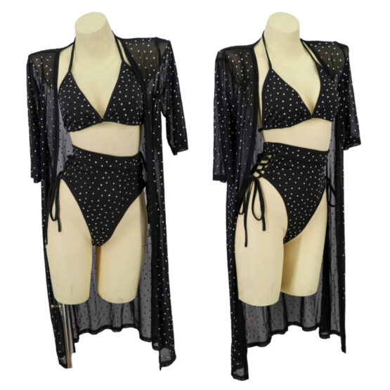 7555 - Black rhinestone swimsuit set- 3pc..(bra top, bikini bottom, cover up) - Image 2