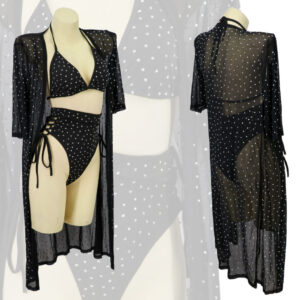7555 - Black rhinestone swimsuit set- 3pc..(bra top, bikini bottom, cover up)