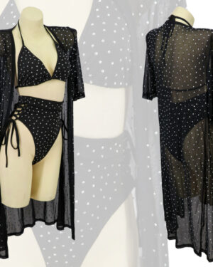 7555 - Black rhinestone swimsuit set- 3pc..(bra top, bikini bottom, cover up)