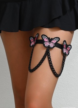909 - Butterfly Thigh High Garter with Chain- Black and Pink