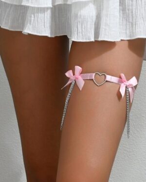 910 - Pink Ribbon Heart Charm Garter with Chain
