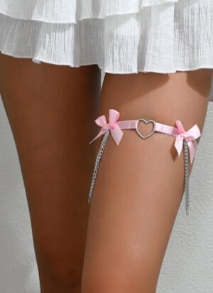 910 - Pink Ribbon Heart Charm Garter with Chain