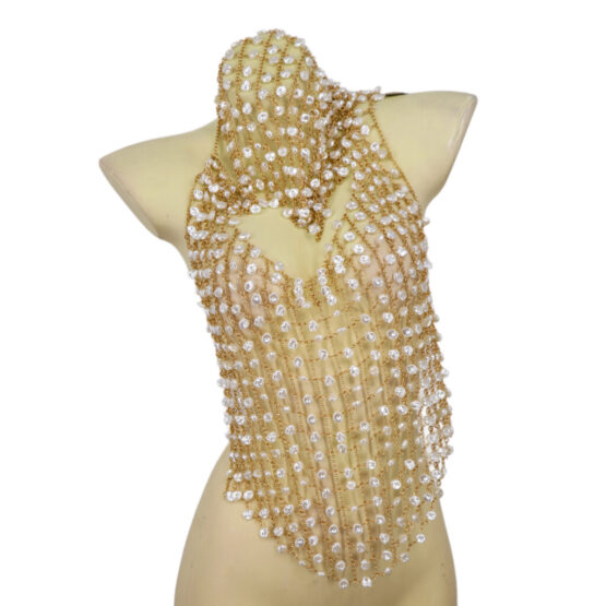 94102 - Pearl and Crystal Hooded Beaded Chainmail Halter Top Body Jewelry - Image 2
