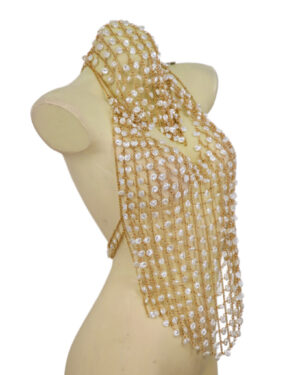 94102 - Pearl and Crystal Hooded Beaded Chainmail Halter Top Body Jewelry
