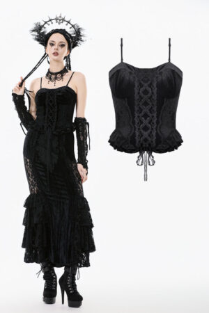 CW101 - Gothic black velvet lace corset-S
