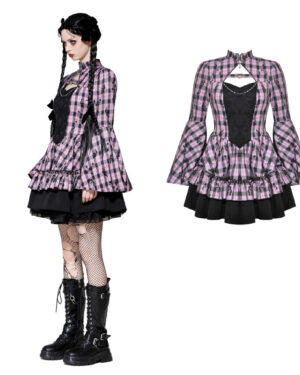DW1021 - Mock neck plaid two tone dress