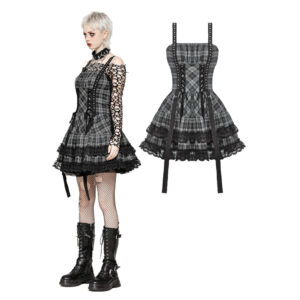 DW1051 - Plaid ruffle lace strap dress-Black/gry