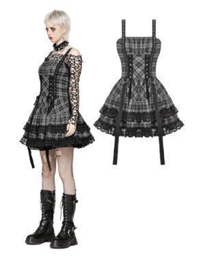 DW1051 - Plaid ruffle lace strap dress-Black/gry