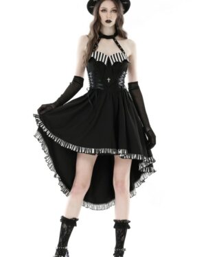 DW773 - Black cross necktie striped prom high low dress