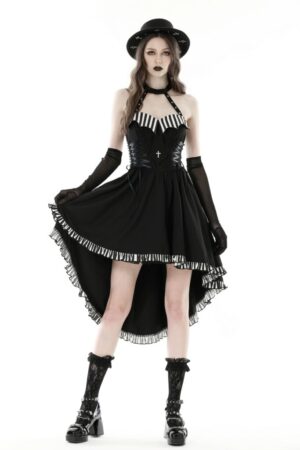 DW773 - Black cross necktie striped prom high low dress