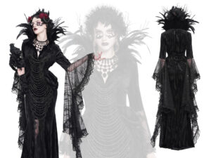 ESKT074 - Gothic Black Feathered High-Collar Evening Gown