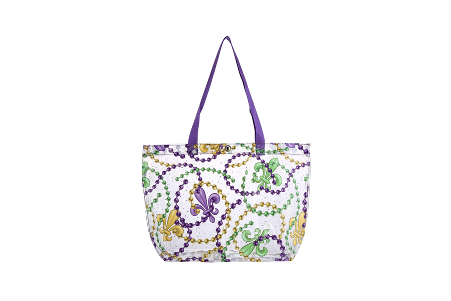 HBG105301 - Mardi-Gras beads and Fleur-de-Lis print clear tote bag