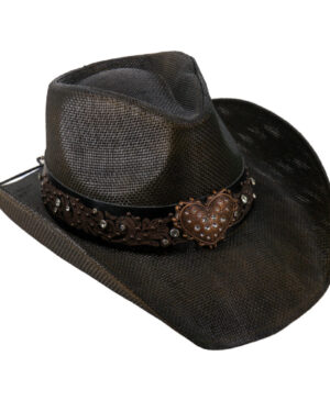 JC533 - Straw Western Cowboy hat with heart band-dark brown