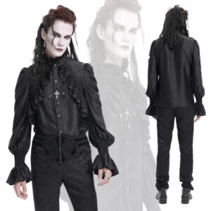 SHT12401 - Black ruffle high collar shirt with cross chain