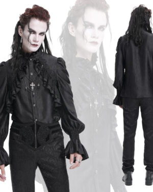 SHT12401 - Black ruffle high collar shirt with cross chain