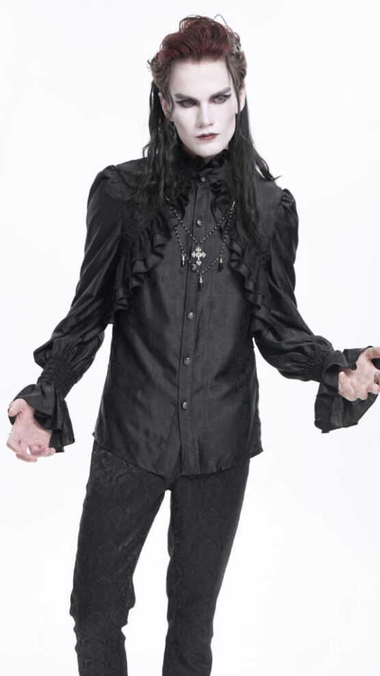 SHT12401 - Black ruffle high collar shirt with cross chain - Image 5