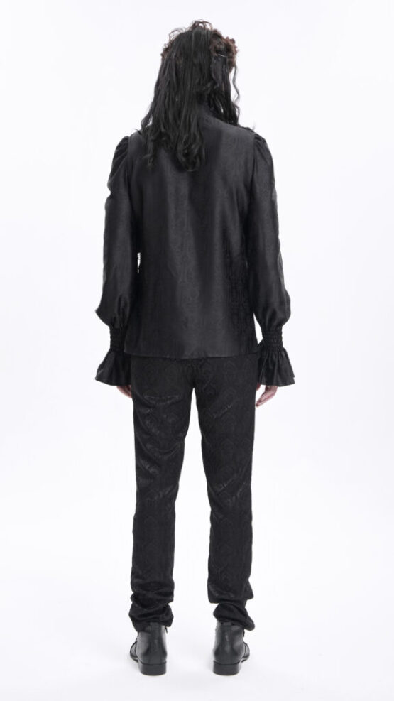 SHT12401 - Black ruffle high collar shirt with cross chain - Image 2