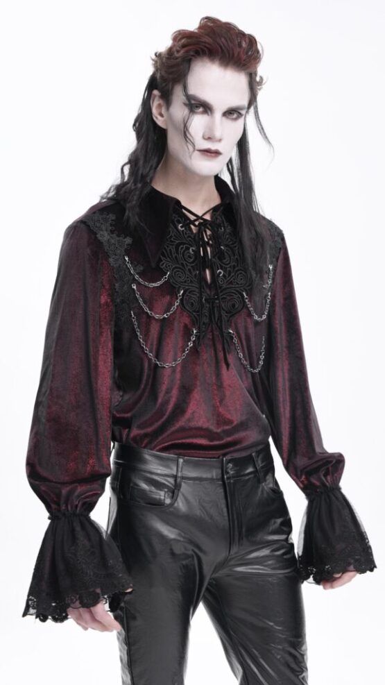 SHT12602 - Red velveteen lace bell sleeve male shirt - Image 3