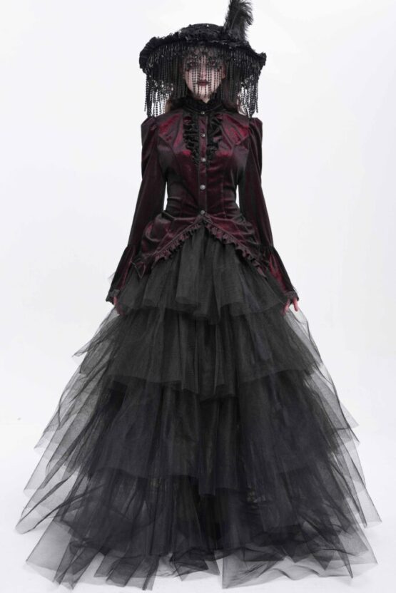 SHT14102 - High Collar Ruffle Tailcoat blouse-red-S - Image 9