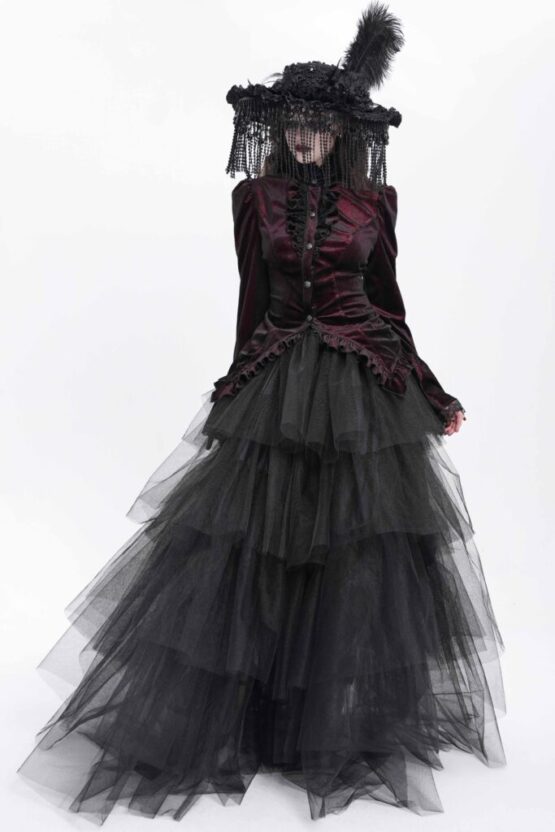 SHT14102 - High Collar Ruffle Tailcoat blouse-red-S - Image 5