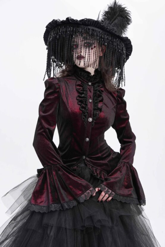 SHT14102 - High Collar Ruffle Tailcoat blouse-red-S - Image 4